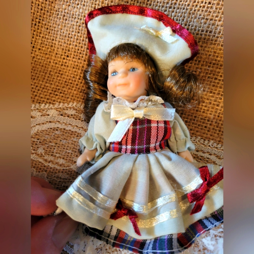 Vintage rare collectable miniature porcelain doll fancy dress perfect